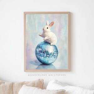 Arte de conejito con bola de discoteca azul, apartamento femenino, impresión de arte de pared, arte IMPRIMIBLE para dormitorio universitario, linda fiesta de cumpleaños de niñas IMPRIMIBLE / WP108