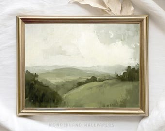 Muted Green Landscape Art: Vintage Spring Oil Painting (Printable)