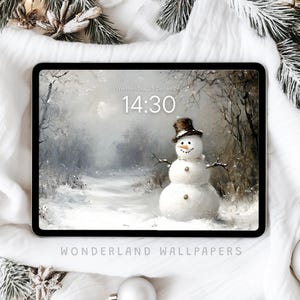 May include: A digital illustration of a snowman standing in a snowy forest. The time is 14:30 and the date is Wednesday, 25 December. The image is a digital wallpaper.