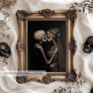 Vintage Skeleton Couple Kissing Painting, Spooky Halloween Print, Creepy Bedroom Decor, Dark Academia Valentine PRINTABLE Wall Art | WP058