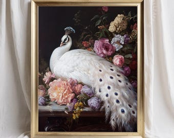 Rosa Pfau Wand Kunst Blumen Stimmungsvoller Vintage Kunst Druckbarer Weißer Pfau Rose Blumendekor Botanisches Haus Natur inspirierte Kunst | AP462