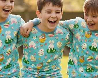 Kids Easter Pajamas Set: Blue Bunny & Egg Print Sleepwear