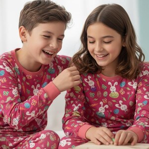 May include: Two children wearing matching pink pyjamas with a bunny and carrot pattern. The pyjamas have long sleeves and trousers. The children are smiling and appear to be interacting with each other.