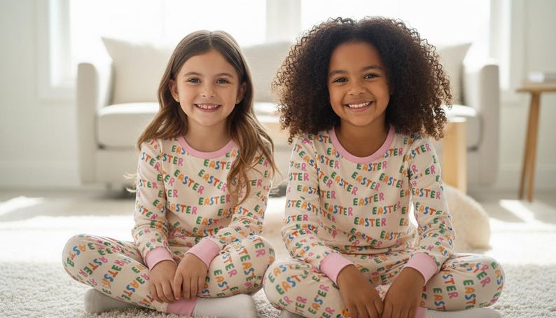 K&ouml;nnte beinhalten: Zwei junge M&auml;dchen tragen passende beige Pyjamas mit dem Wort "EASTER" in bunten Buchstaben. Die Pyjamas haben einen rosa Besatz an Ausschnitt und Manschetten. Sie sitzen auf einem wei&szlig;en Teppich und l&auml;cheln in die Kamera.