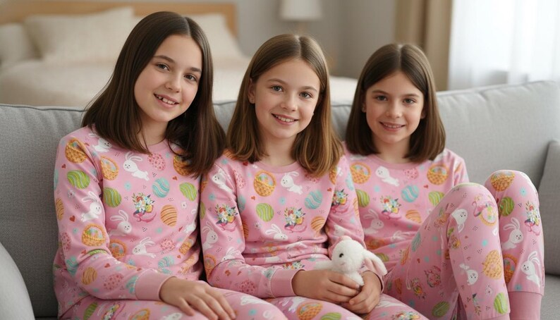 May include: Three individuals wearing matching pink pyjamas with Easter-themed patterns, including eggs and bunnies, are seated on a grey sofa. One person holds a white stuffed bunny. The pyjamas have long sleeves and trousers.