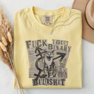Anti Binary Cat Shirt | Edgy Non Binary LGBTQ+ T-Shirt | Retro Newspaper Grunge Tee | Queer Pride Cat Graphic | Comfort Colors 1717