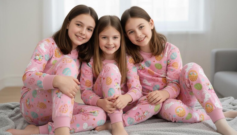 May include: Three people wearing matching pink pyjamas with an Easter-themed pattern. The pyjamas feature illustrations of Easter eggs, bunnies, and baskets. They are sitting on a grey blanket.