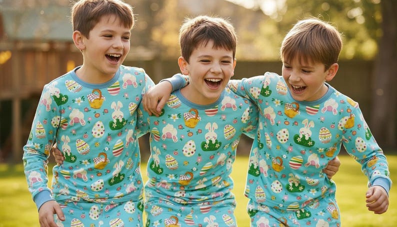 May include: Three children wearing matching light blue pajamas with an Easter-themed pattern of eggs, bunnies, and baskets. They are smiling and embracing each other outdoors in a grassy area.