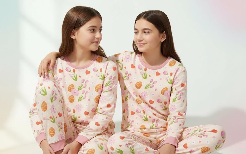 Puede incluir: Dos personas con pijamas a juego. Los pijamas son de color rosa claro con un estampado de huevos de Pascua, flores y corazones. La parte superior de manga larga y los pantalones tienen ribetes rosas. Las personas est&aacute;n sentadas juntas.