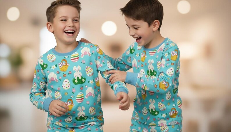 May include: Two children wearing matching light blue Easter-themed pajamas. The pajamas feature a pattern of Easter eggs, bunnies, and baskets. The long-sleeved tops have blue cuffs and necklines. The children are smiling and laughing.