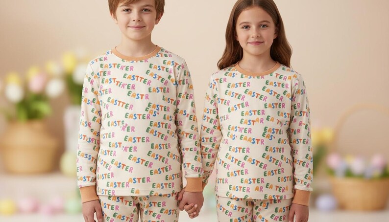 K&ouml;nnte beinhalten: Passende cremefarbene Oster-Schlafanz&uuml;ge mit langen &Auml;rmeln und Hosen. Die Schlafanz&uuml;ge sind mit dem Wort "EASTER" in verschiedenen Farben gemustert. Die Kinder halten sich an den H&auml;nden.