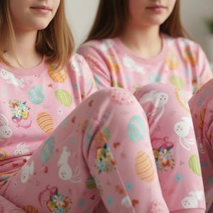 May include: Pink Easter pyjama set with a long-sleeved top and trousers. The pyjamas are decorated with colourful Easter eggs, white bunnies, and floral patterns. The soft fabric is ideal for relaxing or sleeping.