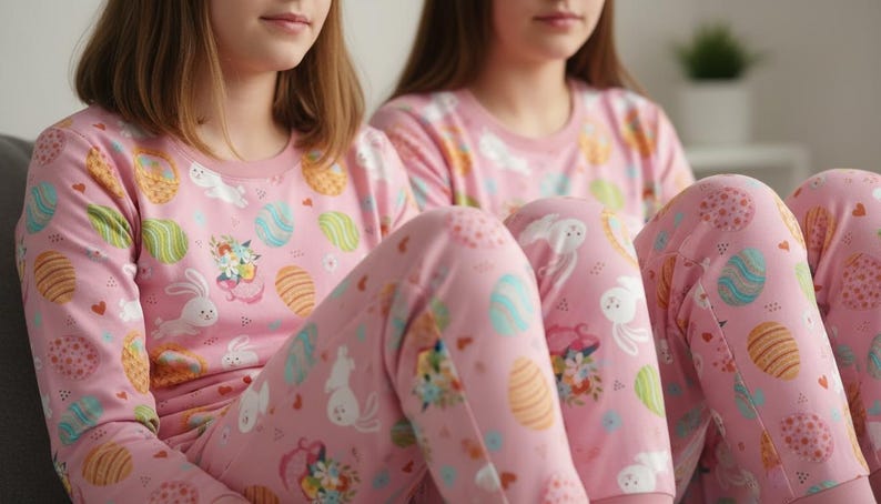 May include: Pink Easter pyjama set with a long-sleeved top and trousers. The pyjamas are decorated with colourful Easter eggs, white bunnies, and floral patterns. The soft fabric is ideal for relaxing or sleeping.
