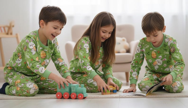 Påskpyjamas Barn Matchande Set Grönt Kaninägg Mönster Mjuka Bomullssovkläder Mysiga Vårnattkläder bild 5