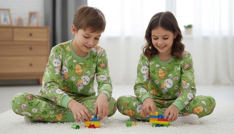 Påskpyjamas Barn Matchande Set Grönt Kaninägg Mönster Mjuka Bomullssovkläder Mysiga Vårnattkläder bild 3