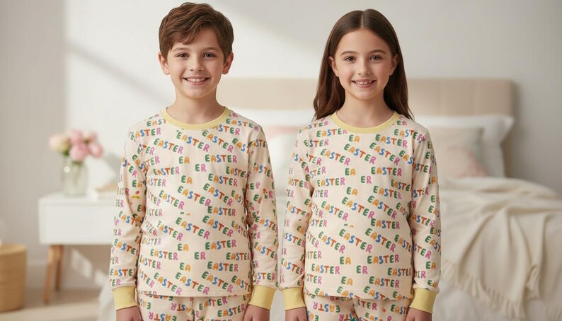 K&ouml;nnte beinhalten: Zwei Kinder in passenden cremefarbenen Pyjamas mit dem Wort "EASTER" in verschiedenen Farben bedruckt. Die Pyjamas haben lange &Auml;rmel und Hosen. Die Kinder l&auml;cheln und stehen vor einem Bett.