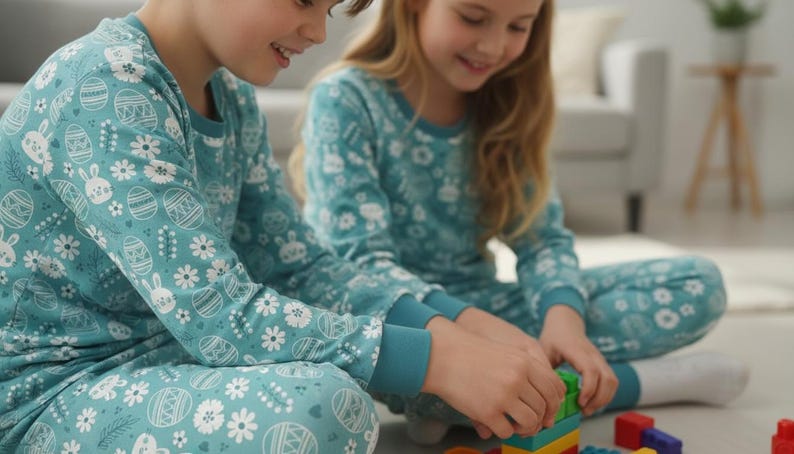 May include: Two children wearing matching teal pajamas with an Easter-themed print of eggs, bunnies, and flowers. They are sitting on the floor and playing with colorful building blocks. The pajamas have long sleeves and a crew neck.