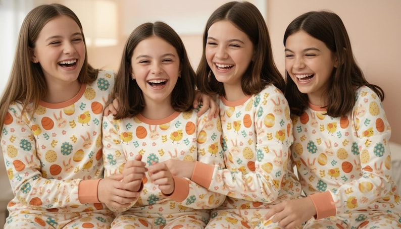 May include: Four people wearing matching Easter-themed pyjamas. The cream-coloured pyjamas have orange trim and a pattern of Easter eggs, chicks, and bunnies. The people are smiling and laughing.