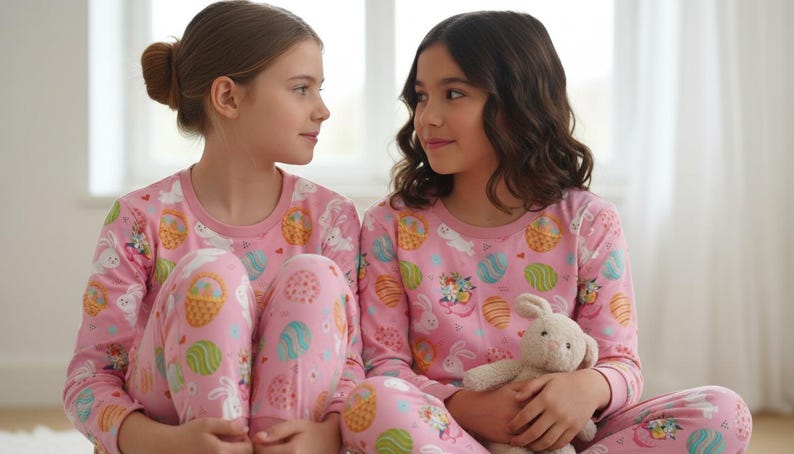 May include: Two young girls in matching pink pyjamas with Easter patterns. The pyjamas feature Easter eggs, bunnies, and baskets. One girl holds a stuffed bunny. The girls are sitting and looking at each other.