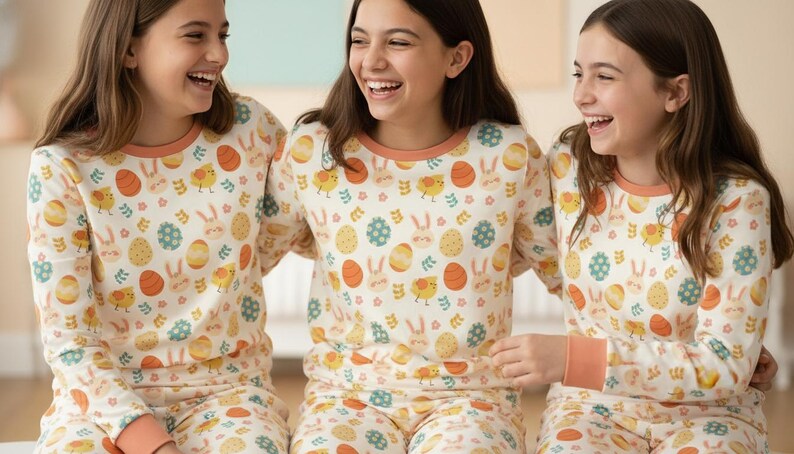 May include: Three people wearing matching Easter-themed pyjamas. The pyjamas are cream-coloured with a pattern of Easter eggs, chicks, and bunnies. The long-sleeved tops have orange trim around the neck and wrists. The people are smiling.