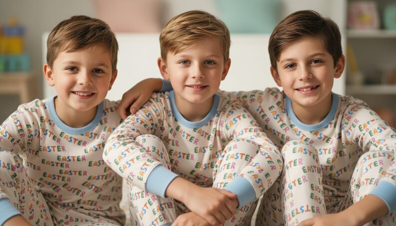 K&ouml;nnte beinhalten: Drei junge Menschen in passenden Pyjamas mit dem Wort "EASTER" in verschiedenen Farben. Die Pyjamas haben hellblaue B&uuml;ndchen und Ausschnitte. Die Personen l&auml;cheln und sitzen zusammen.