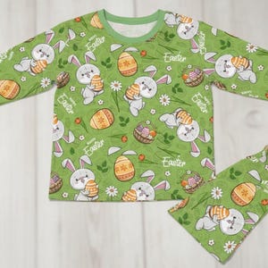 Påskpyjamas Barn Matchande Set Grönt Kaninägg Mönster Mjuka Bomullssovkläder Mysiga Vårnattkläder bild 6