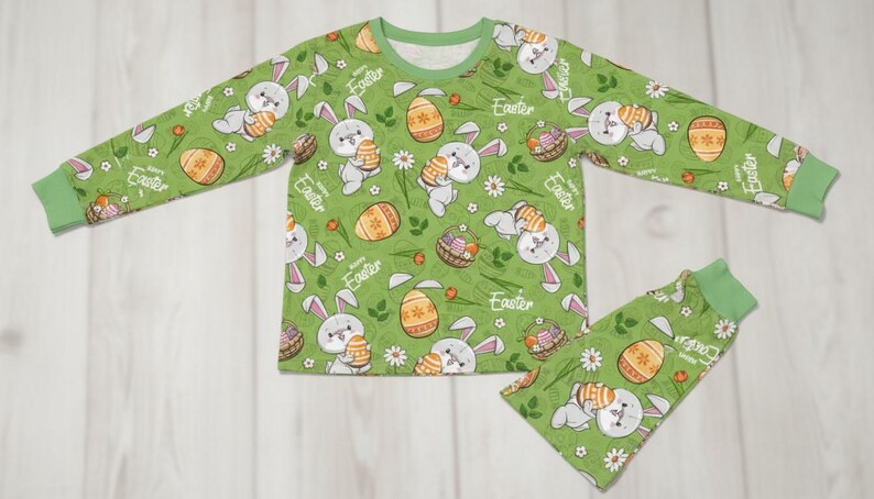 Påskpyjamas Barn Matchande Set Grönt Kaninägg Mönster Mjuka Bomullssovkläder Mysiga Vårnattkläder bild 6