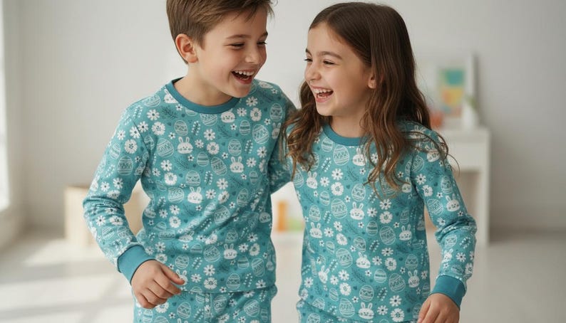 May include: Two children wearing matching teal pajamas with an Easter-themed pattern of eggs, bunnies, and flowers. The long-sleeved tops have a crew neck and cuffs in a darker teal. The children are smiling and laughing.