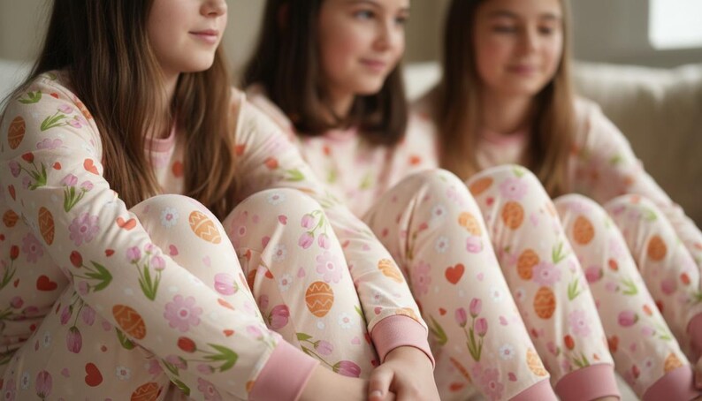 Kids Easter Pajama Set: Peach Floral Bunny Print Sleepwear imagen 3