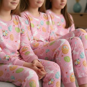 May include: Pink Easter-themed pyjamas featuring a pattern of Easter eggs, bunnies, and floral baskets. The long-sleeved top and trousers are made of a soft material. The pyjamas are designed for children.