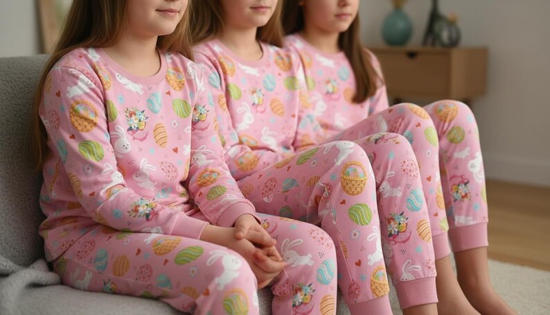 May include: Pink Easter-themed pyjamas featuring a pattern of Easter eggs, bunnies, and floral baskets. The long-sleeved top and trousers are made of a soft material. The pyjamas are designed for children.