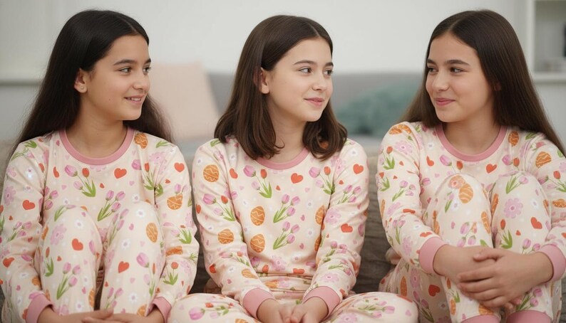 Puede incluir: Tres j&oacute;venes con pijamas a juego. Los pijamas son de color rosa claro con un estampado de flores, corazones y otras formas. La parte superior de manga larga y los pantalones tienen ribetes rosas.