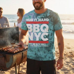 Funny BBQ Tie Dye Shirt, Rub It Hard Pig Beach BBQ Tee, Zero G Green Turquoise T-Shirt, NYC Grill Master Top, Ribs Pulled Pork Grilling Gift