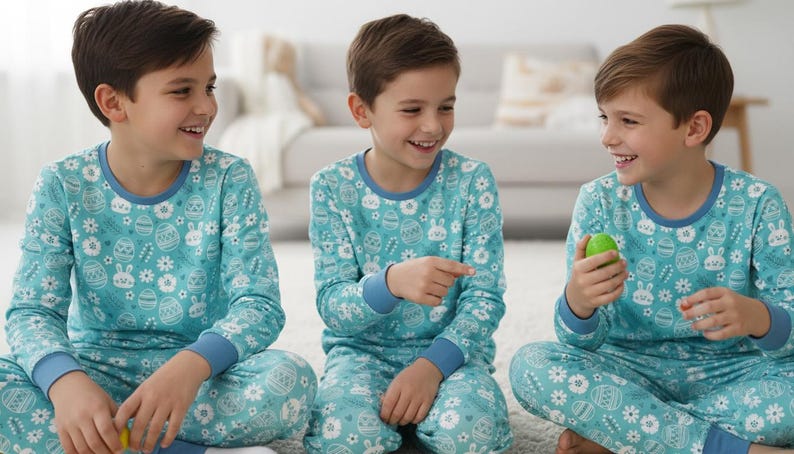 May include: Three children wearing matching teal pajamas with an Easter-themed print of eggs, bunnies, and flowers. The pajamas have blue trim and long sleeves. The children are smiling and holding Easter eggs.