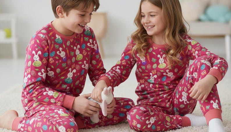 May include: Two children wearing matching red pyjamas with a bunny and Easter egg pattern. The pyjamas have long sleeves and trousers. They are sitting on a white rug and holding a stuffed bunny.