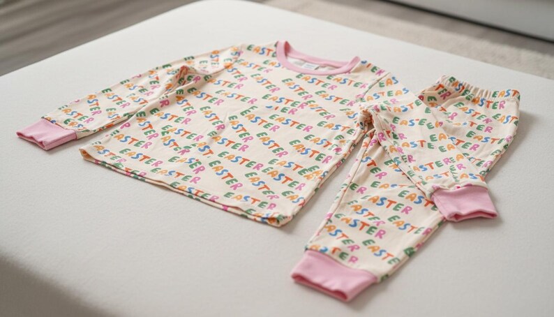 K&ouml;nnte beinhalten: Ein zweiteiliger Schlafanzug mit cremefarbenem Oberteil und Hose. Das Set ist mit dem Wort "EASTER" in verschiedenen Farben bedruckt. Die B&uuml;ndchen und der Halsausschnitt sind rosa.