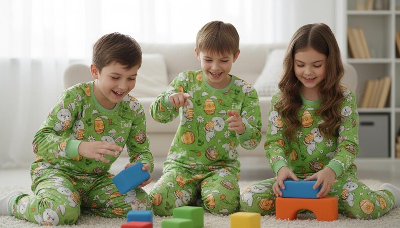 Påskpyjamas Barn Matchande Set Grönt Kaninägg Mönster Mjuka Bomullssovkläder Mysiga Vårnattkläder bild 4