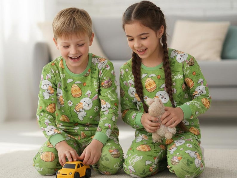 Påskpyjamas Barn Matchande Set Grönt Kaninägg Mönster Mjuka Bomullssovkläder Mysiga Vårnattkläder bild 1