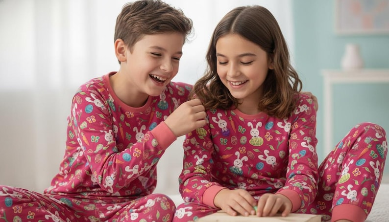 May include: Two children wearing matching pink pyjamas with a bunny and carrot pattern. The pyjamas have long sleeves and trousers. The children are smiling and appear to be interacting with each other.