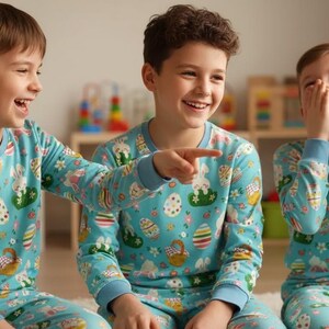 May include: Three children wearing matching light blue pajamas with an Easter-themed print of eggs, bunnies, and baskets. The children are laughing and sitting on a light-colored surface.