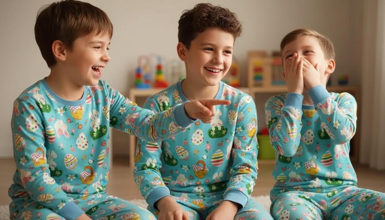May include: Three children wearing matching light blue pajamas with an Easter-themed print of eggs, bunnies, and baskets. The children are laughing and sitting on a light-colored surface.