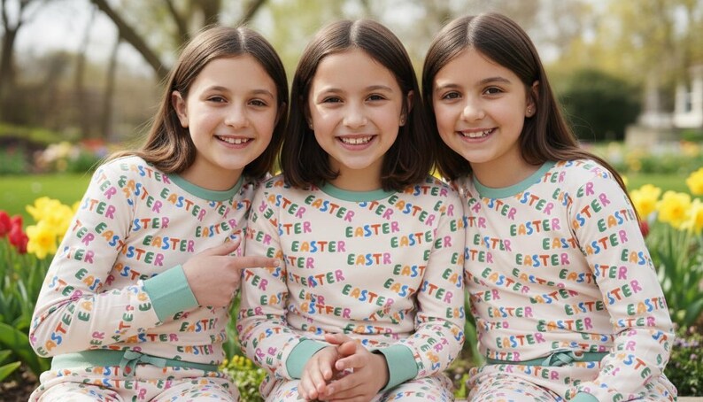K&ouml;nnte beinhalten: Drei junge Menschen tragen passende Pyjamas mit dem Wort "EASTER" in bunten Buchstaben. Sie l&auml;cheln und posieren im Freien, mit einem Hintergrund aus Blumen und Gr&uuml;n.