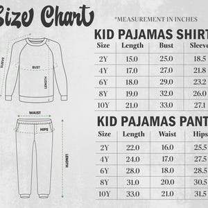 K&ouml;nnte beinhalten: Eine Gr&ouml;&szlig;entabelle f&uuml;r Kinderpyjamas mit Ma&szlig;en in Zoll. Die Tabelle enth&auml;lt Shirt- und Hosengr&ouml;&szlig;en, L&auml;ngen, Brustumfang, &Auml;rmel, Taille und H&uuml;ftma&szlig;e f&uuml;r die Gr&ouml;&szlig;en 2Y bis 10Y. Der Text "Size Chart" steht oben.