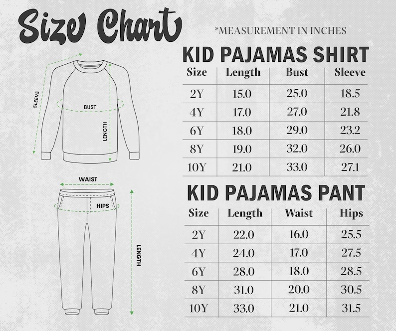 K&ouml;nnte beinhalten: Eine Gr&ouml;&szlig;entabelle f&uuml;r Kinderpyjamas mit Ma&szlig;en in Zoll. Die Tabelle enth&auml;lt Shirt- und Hosengr&ouml;&szlig;en, L&auml;ngen, Brustumfang, &Auml;rmel, Taille und H&uuml;ftma&szlig;e f&uuml;r die Gr&ouml;&szlig;en 2Y bis 10Y. Der Text "Size Chart" steht oben.