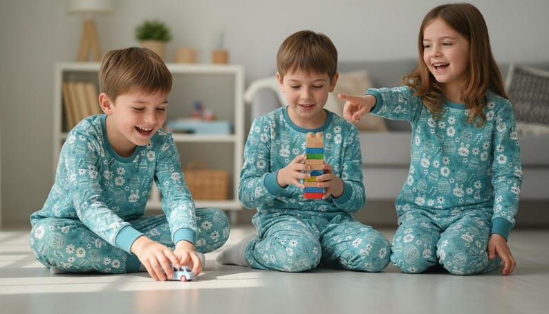 May include: Three children wearing matching teal pajamas with a floral and bunny print are playing on the floor. One child holds a toy car, another a wooden block tower, and the third points and laughs.