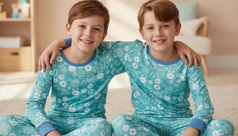 May include: Two children wearing matching teal pajamas with an Easter-themed pattern of eggs, bunnies, and flowers. The pajamas have blue trim and long sleeves. The children are smiling and sitting on a light-colored rug.
