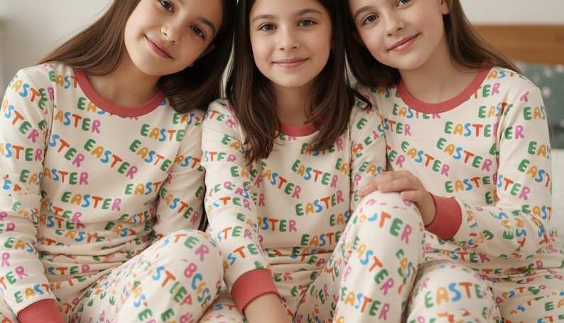 K&ouml;nnte beinhalten: Drei junge Menschen tragen passende cremefarbene Pyjamas mit dem Wort "EASTER" in bunten Buchstaben. Die Pyjamas haben lange &Auml;rmel und Hosen mit rotem Besatz an Hals und B&uuml;ndchen. Das Bild ist eine Nahaufnahme.