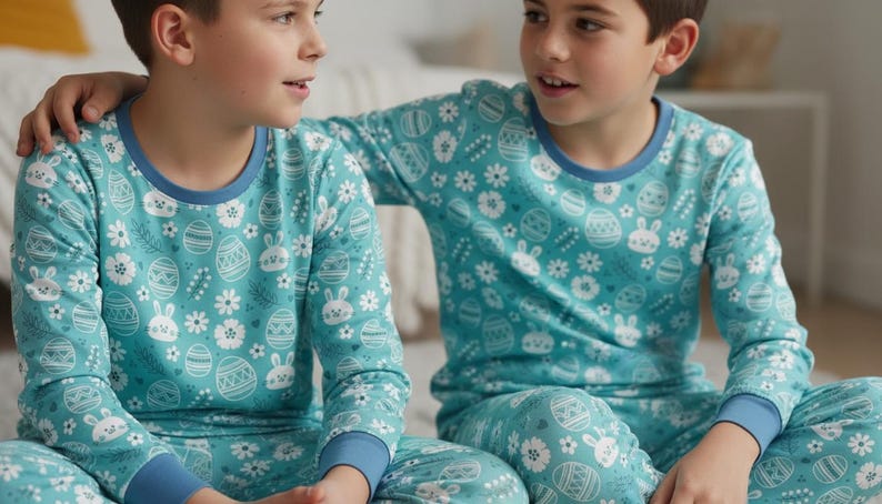May include: Two matching teal pajamas sets with an Easter-themed pattern of eggs, bunnies, and flowers. The long-sleeved tops and pants have blue trim. The pajamas are worn by two people.
