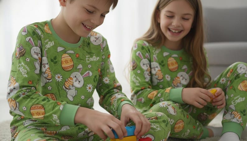 Påskpyjamas Barn Matchande Set Grönt Kaninägg Mönster Mjuka Bomullssovkläder Mysiga Vårnattkläder bild 2