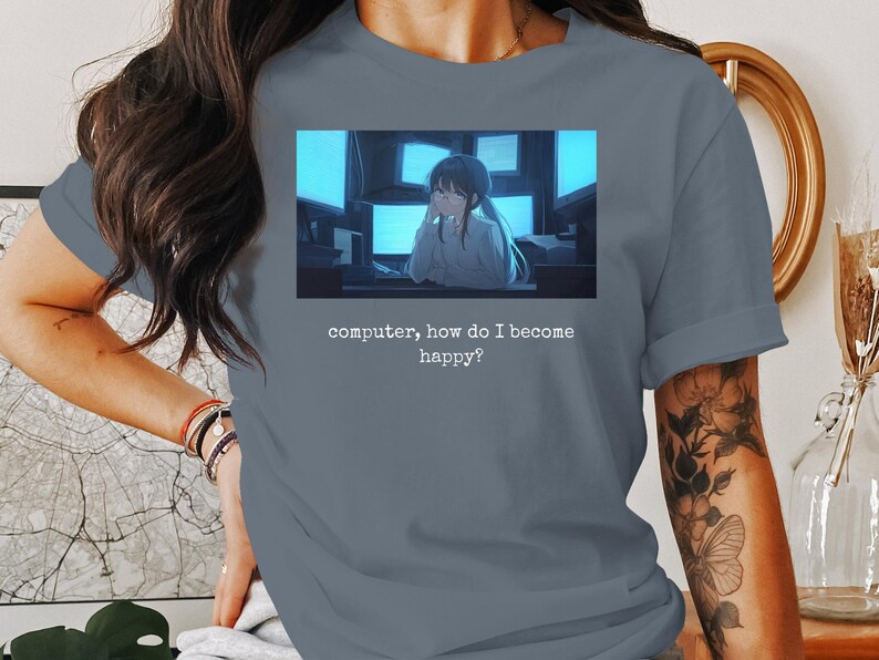 Contemplating Life Anime Girl Tshirt, Unique Graphic Tee, Aesthetic